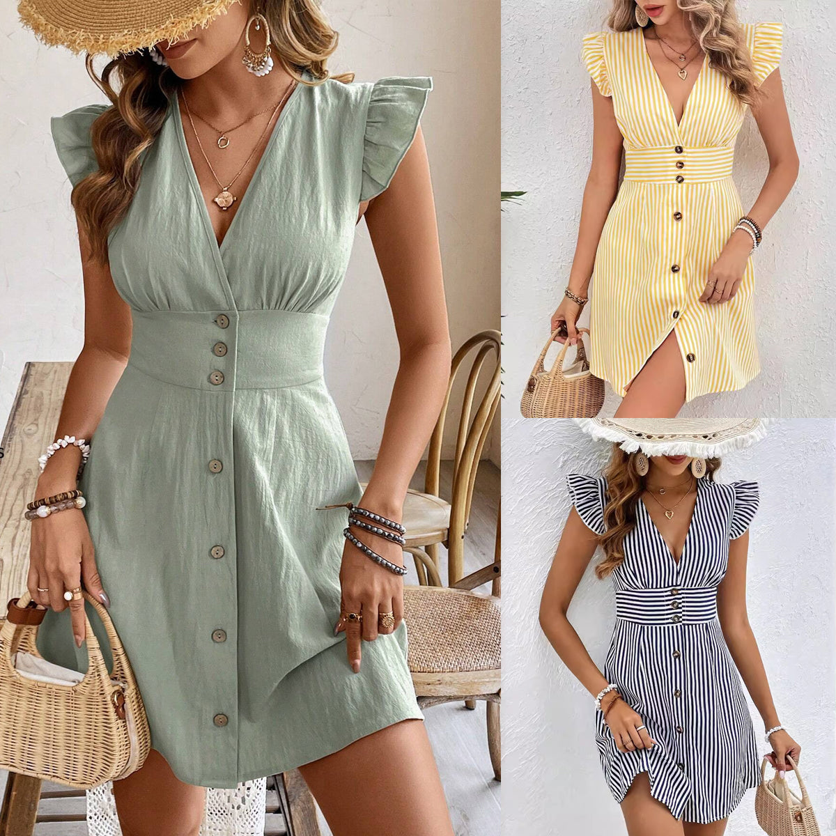 V-Neck Fly-Sleeve Shirt Dress